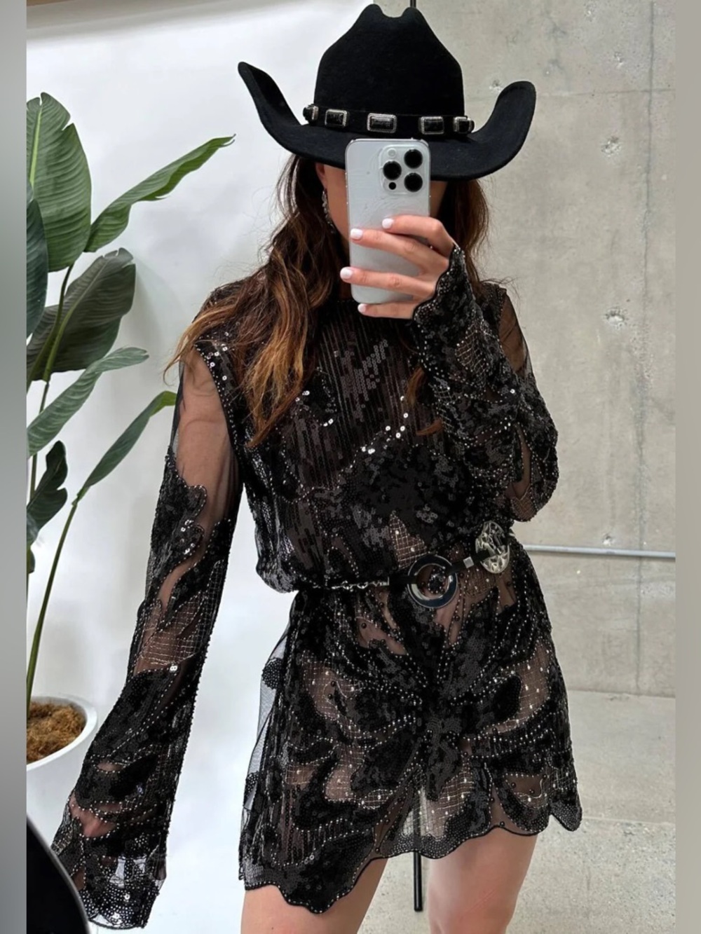 12th Tribe Black Sequin Long Sleeve Amber Nights Beaded Mini Dress